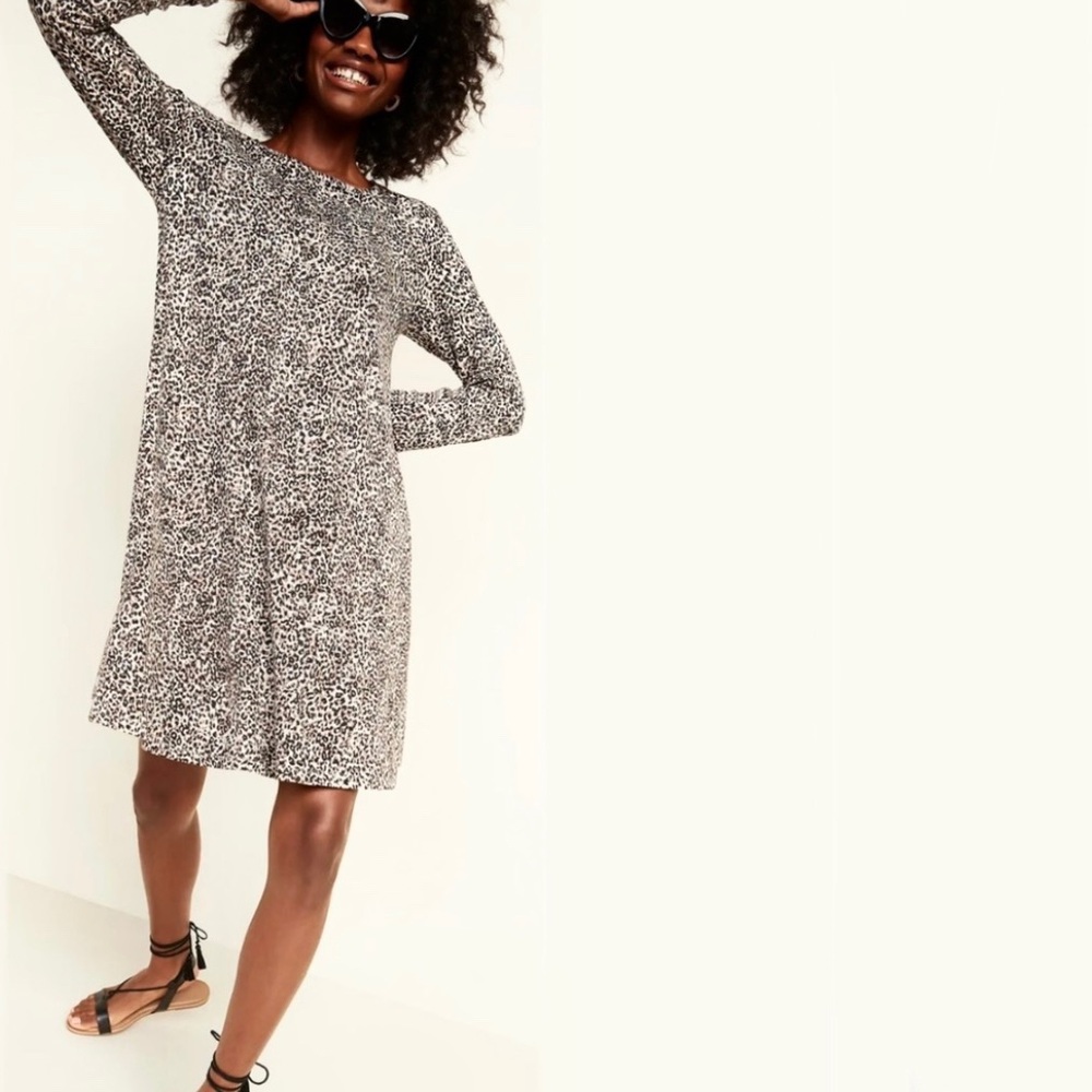 Long Sleeve Leopard Print Dress XS Petite Short Loose Flowy  Fit XSP